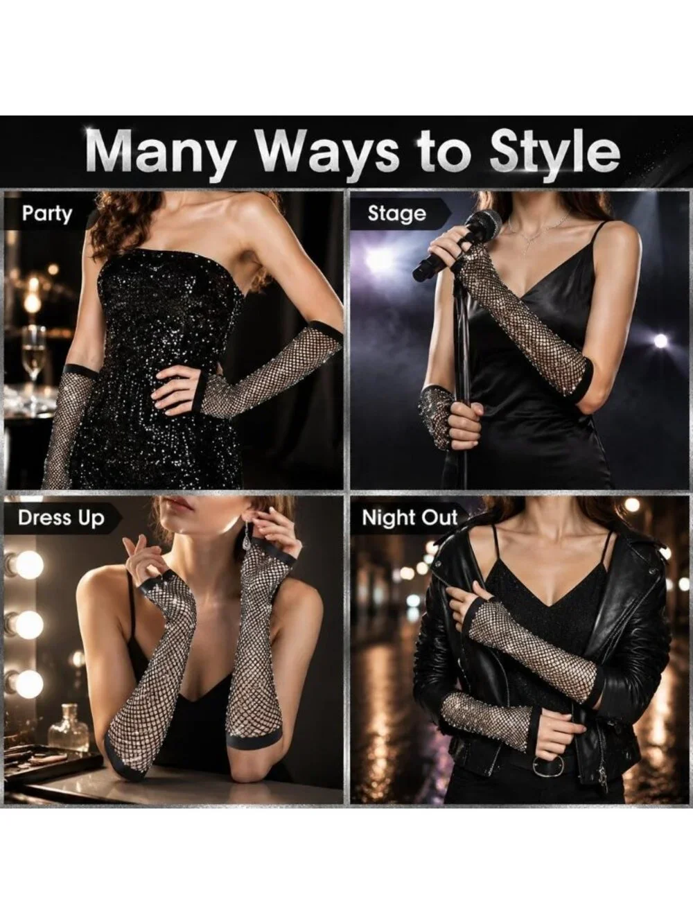 Women's Black Long Fishnet Fingerless Gloves Nylon Rhinestone 80s Party Cosplay